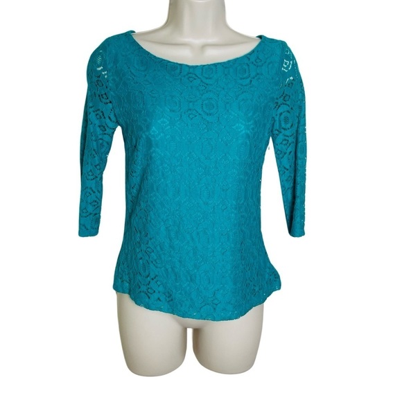 Banana Republic Lace Overlay Blouse 3/4 Sleeve Womens Size 0 Green Teal Zip Side - Picture 1 of 10